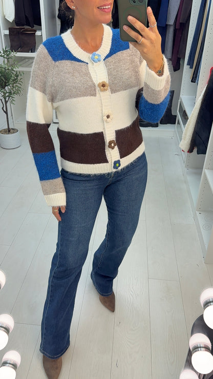 Alayna Striped Crochet Flower Detailed Button Front Cardigan