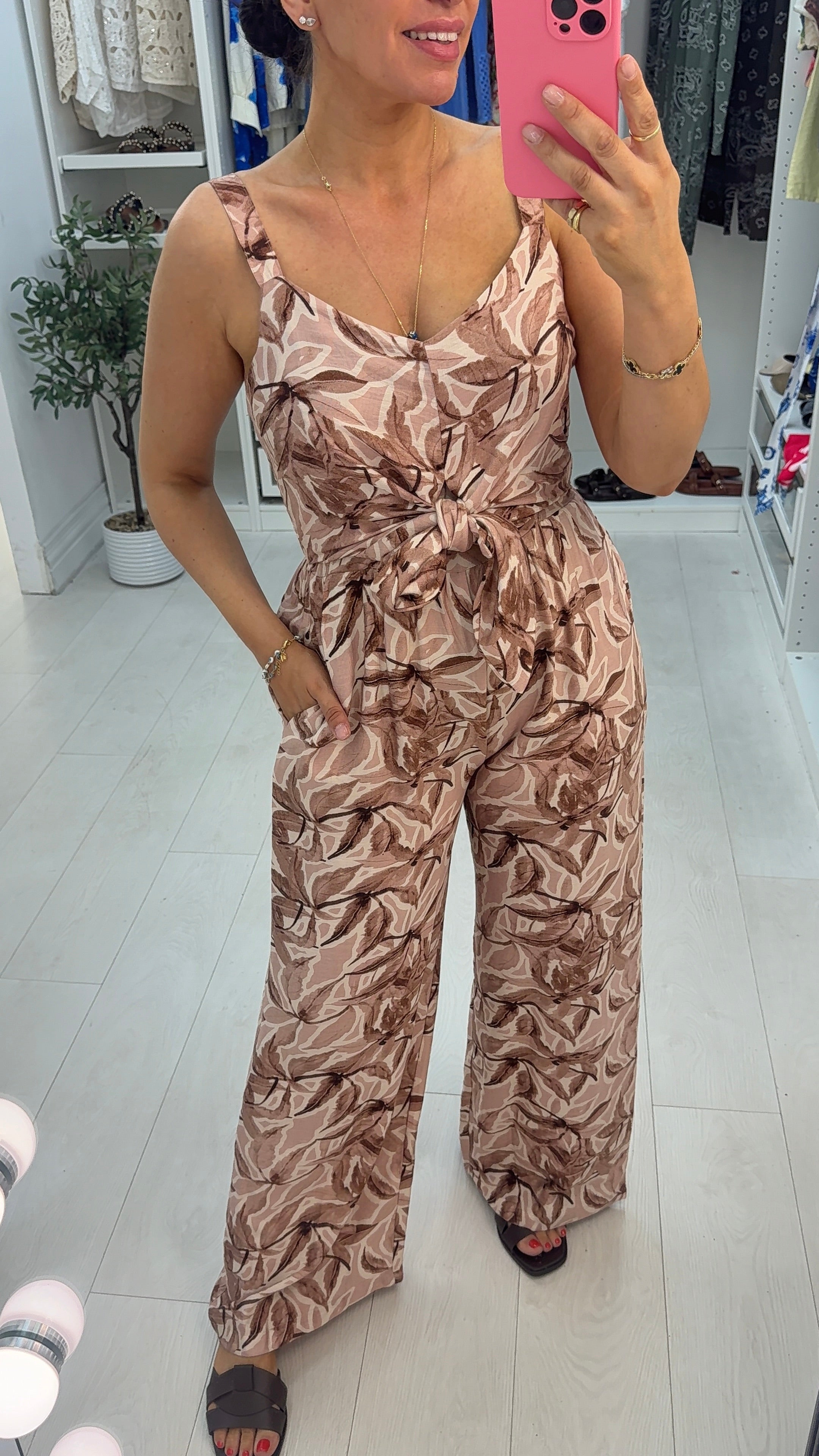 Kenney Leaf Print Tie Front Wide Leg Jumpsuit