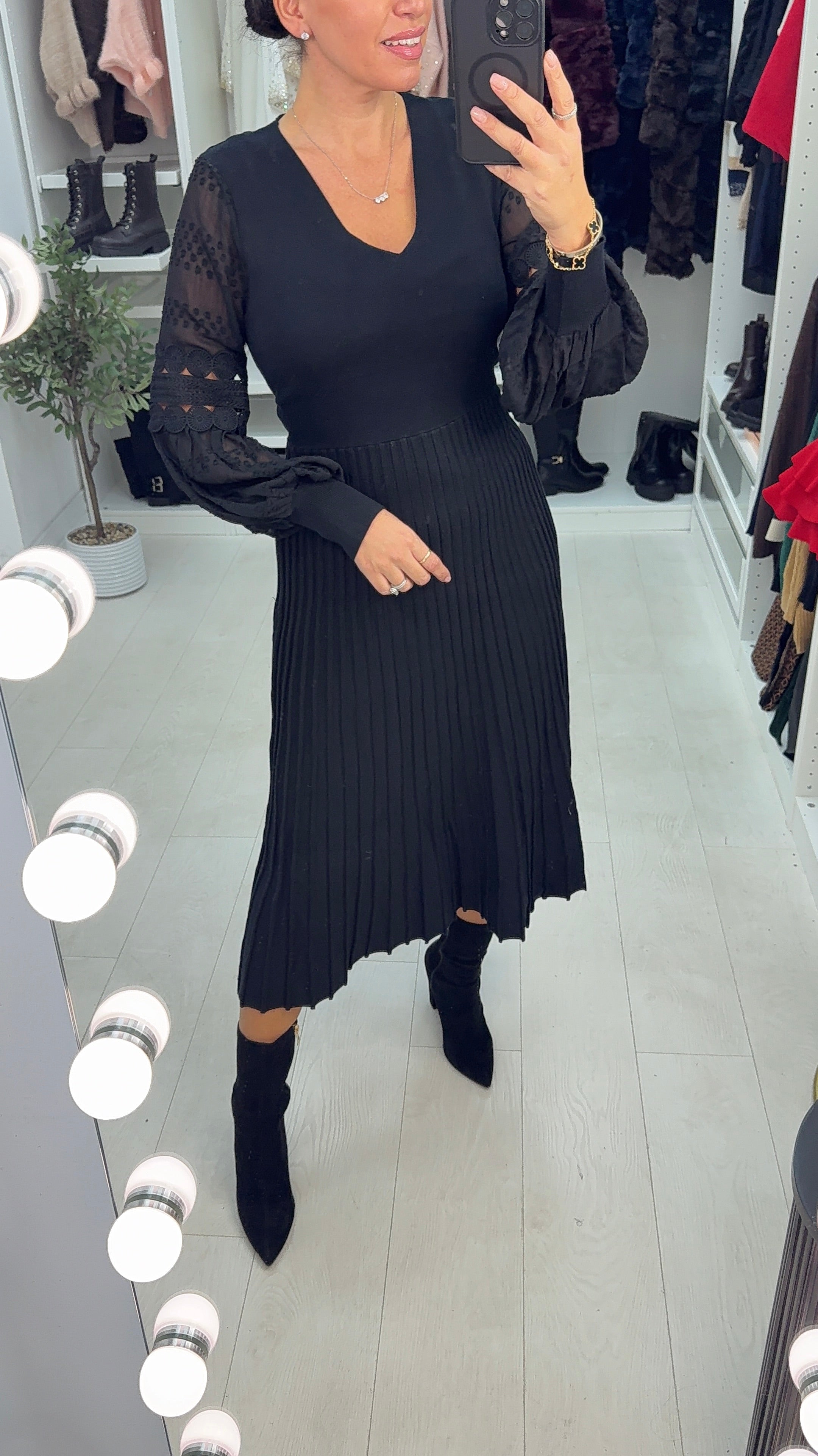 Tana Broidery Detail Sleeve Pleated Dress