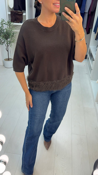 Kylah Short Sleeved Knit Top with Faux Fur Trim