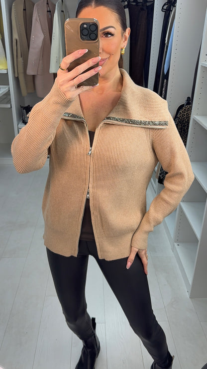 Dylan Embellished Collar Detail Zip Cardigan
