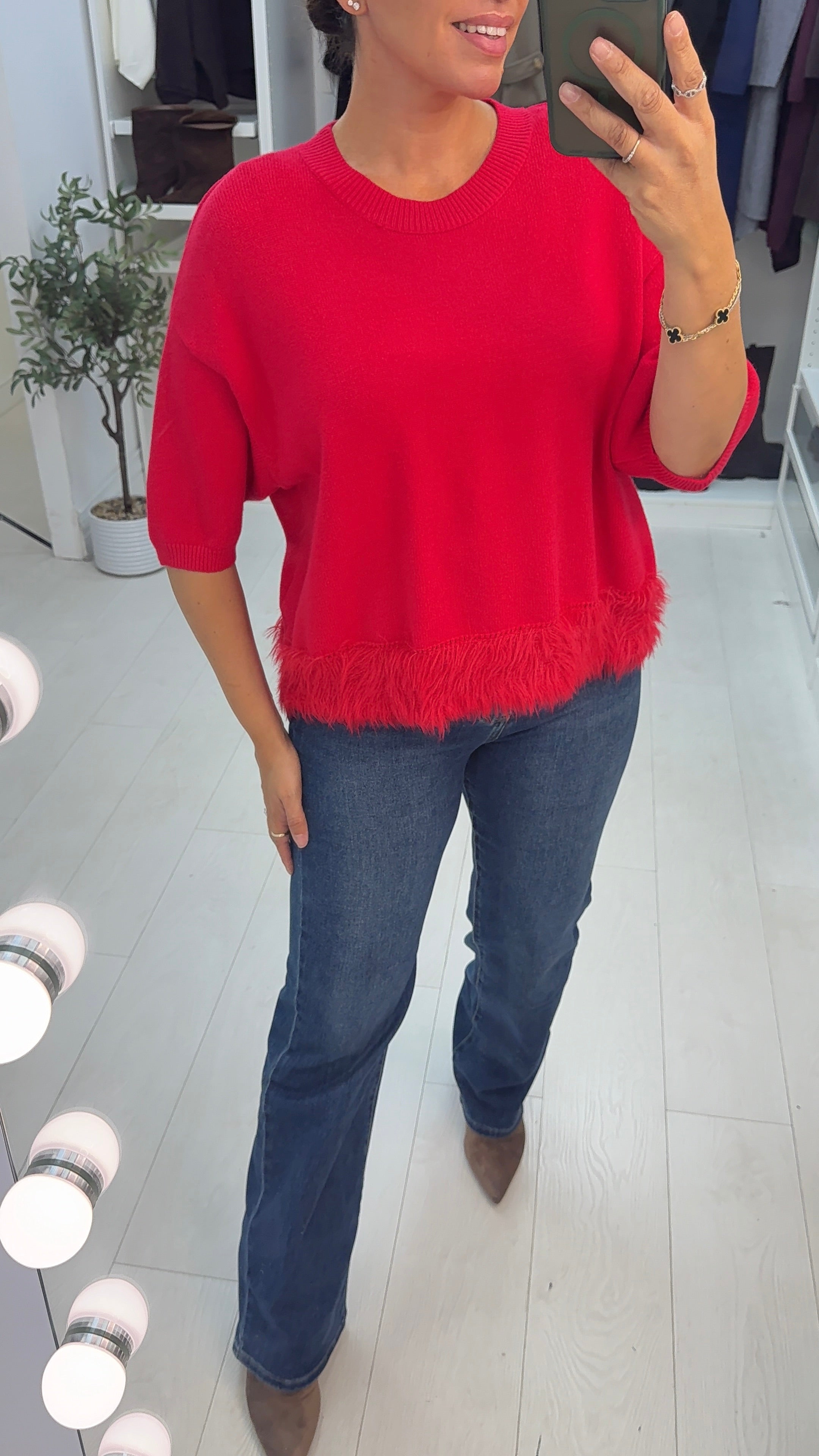 Kylah Short Sleeved Knit Top with Faux Fur Trim