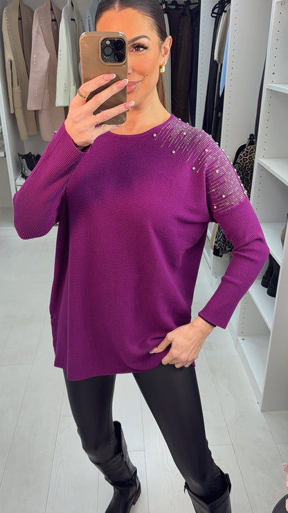 Janise Plain Embellished Shoulder Knit Jumper