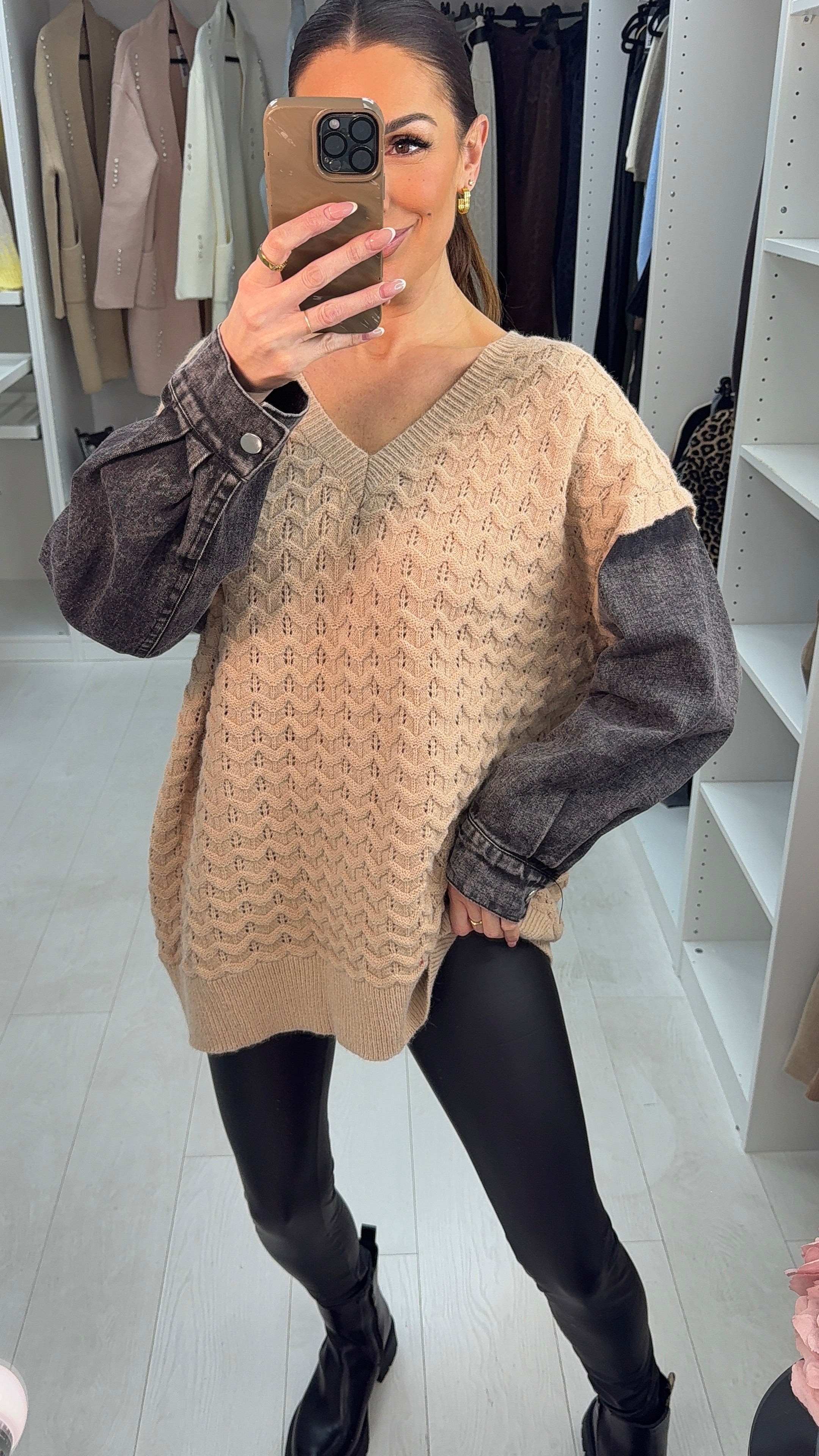 Meko Textured V Neck Denim Sleeve Jumper