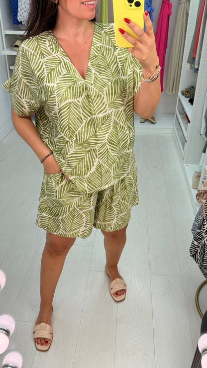 Delphine Leaf Print V Neck Shorts Co-Ord Set