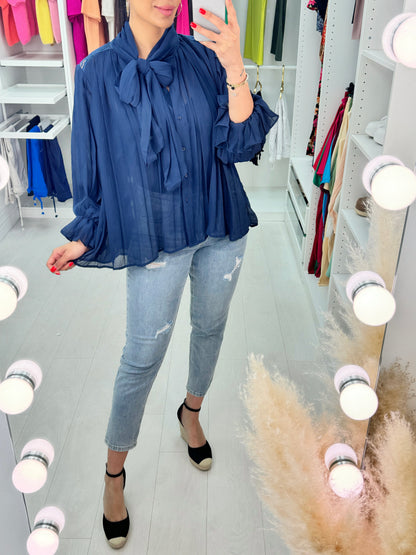 Sensation Sheer Plisse Pussybow Blouse