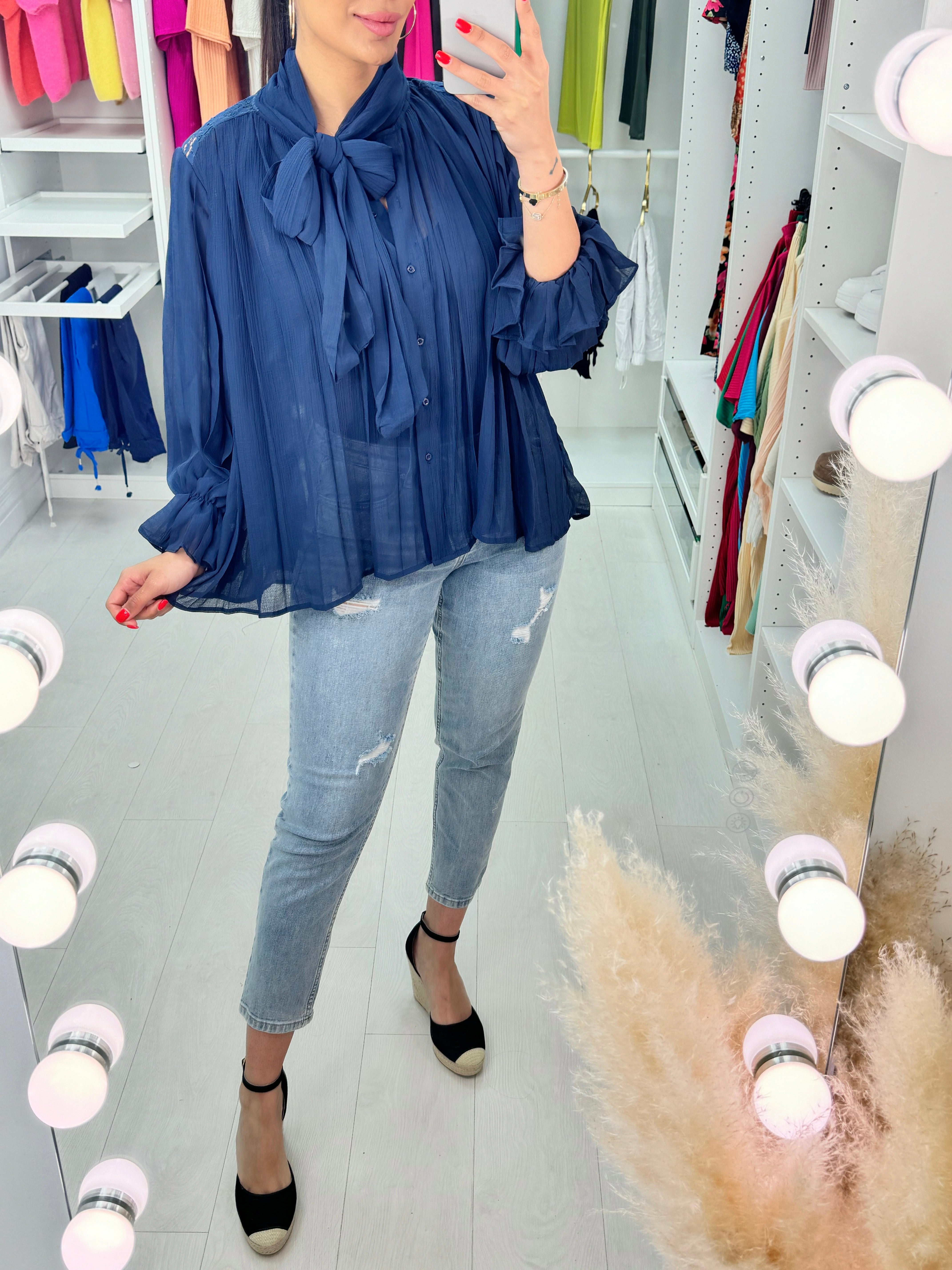 Sensation Sheer Plisse Pussybow Blouse