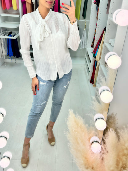 Sensation Sheer Plisse Pussybow Blouse