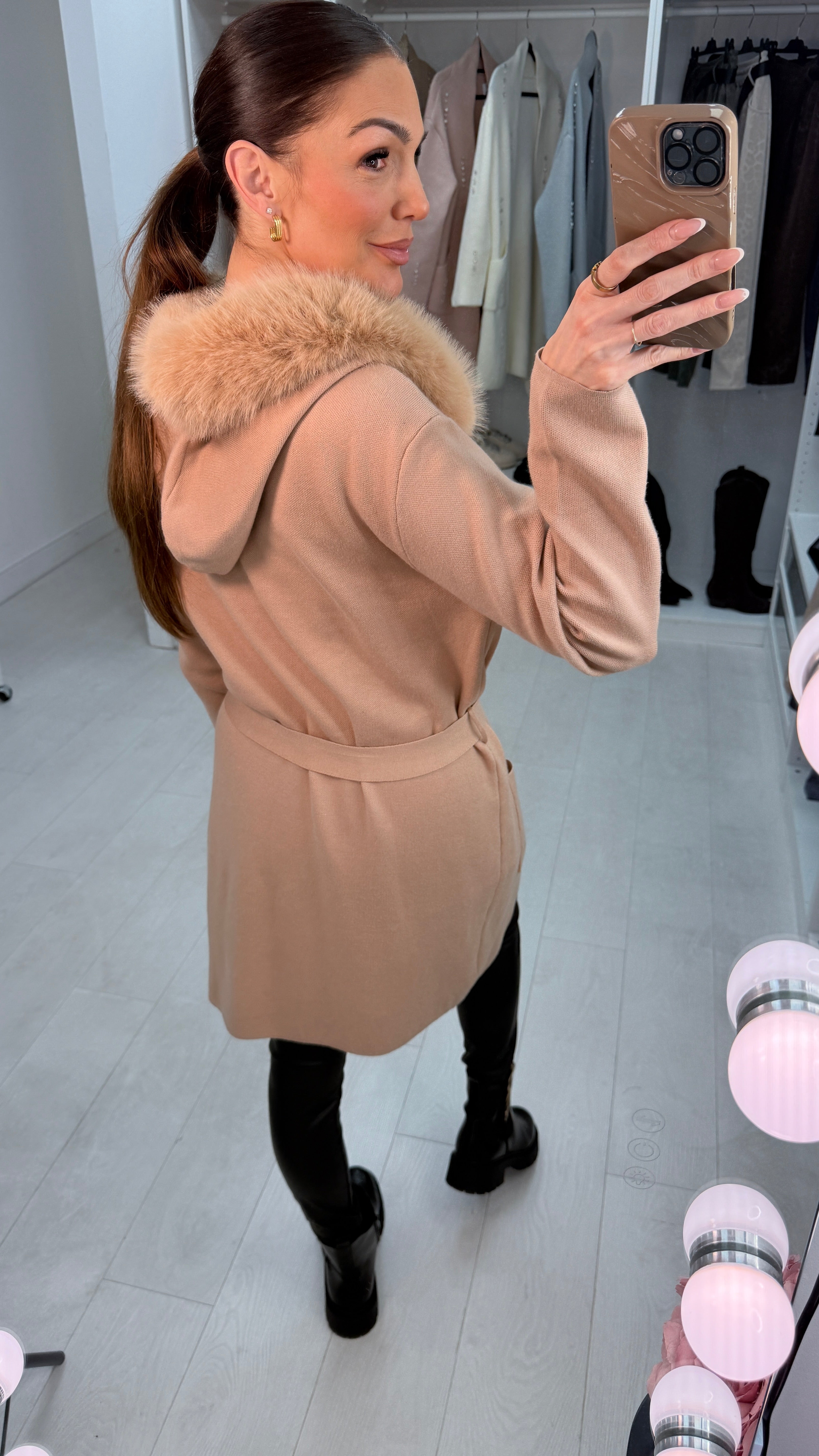 Skylana Plain Faux Fur Hooded Longline Cardigan