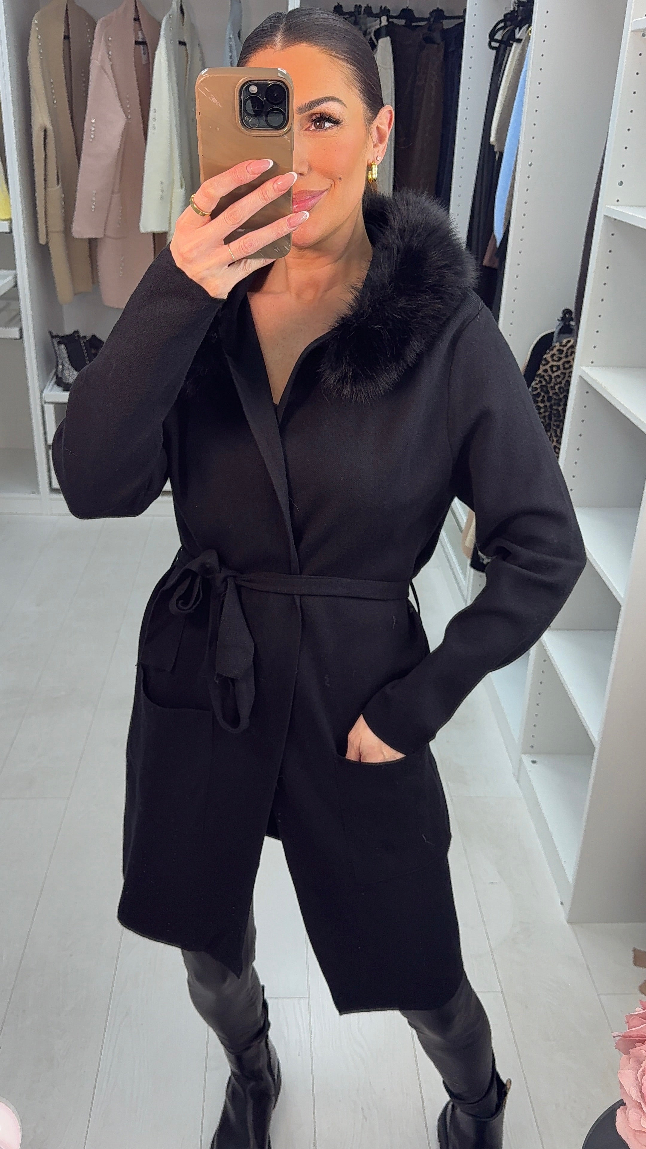 Skylana Plain Faux Fur Hooded Longline Cardigan