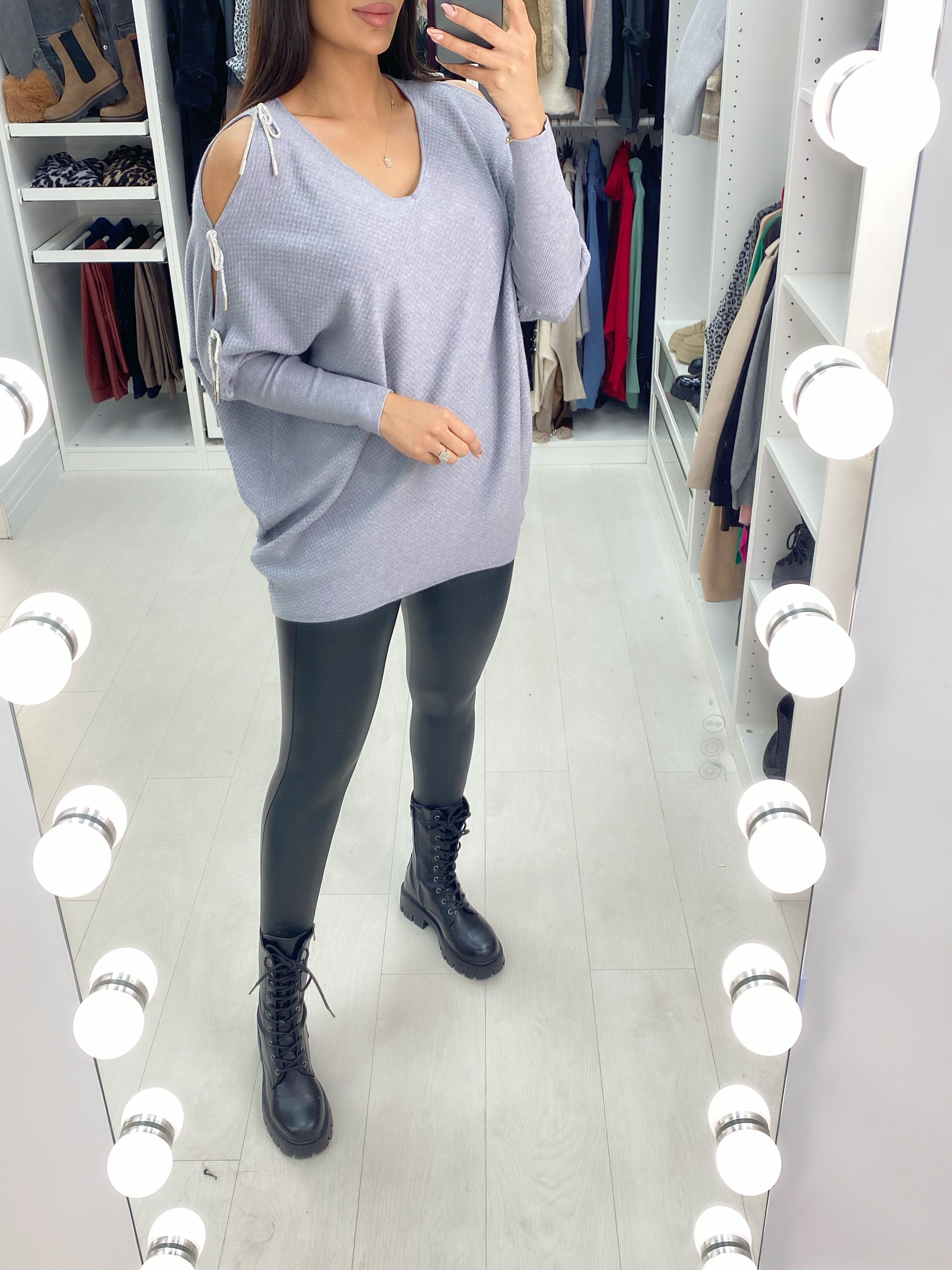 Adria Cold Shoulder Metallic Diamante Bow Jumper