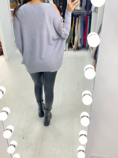 Adria Cold Shoulder Metallic Diamante Bow Jumper