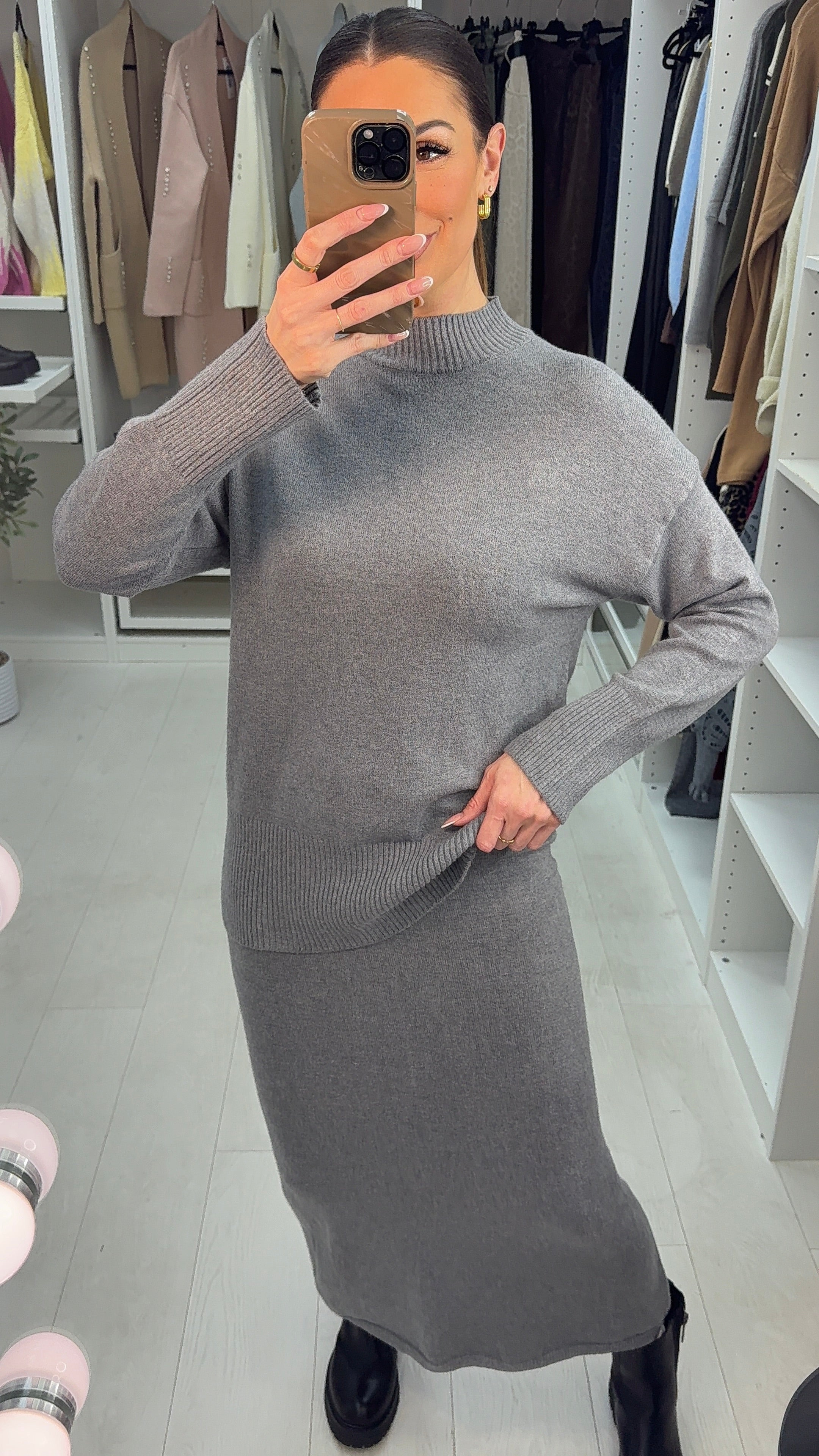 Lillis Plain Loose Fit Knitted Skirt Co-Ord Set