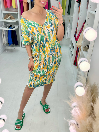 Melania Pleated Abstract Print Dress