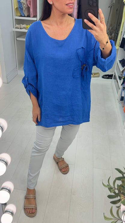 Elina Plain Flower Detail Oversized Linen Top