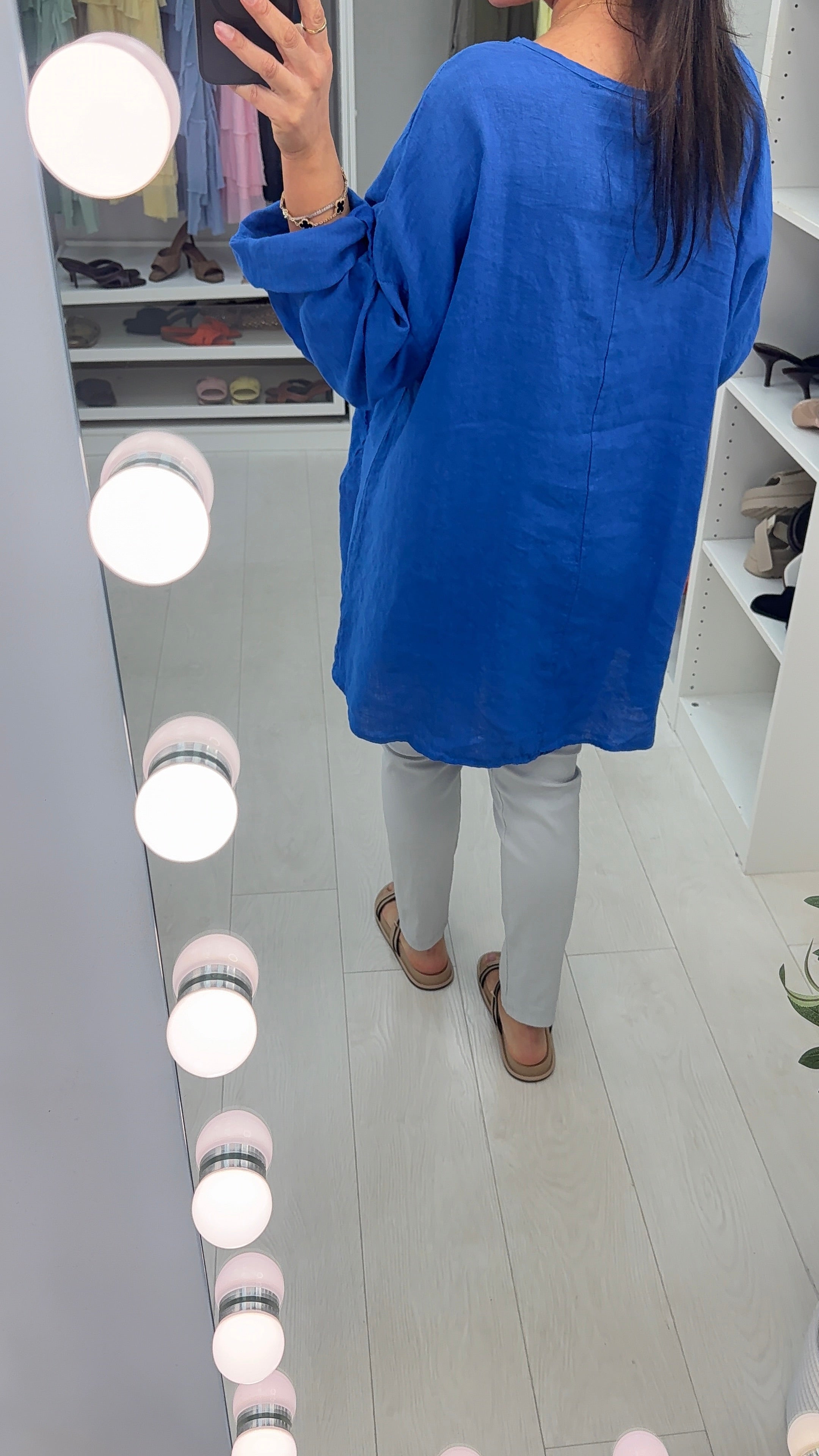 Elina Plain Flower Detail Oversized Linen Top