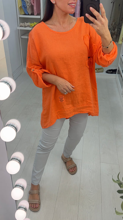 Elina Plain Flower Detail Oversized Linen Top