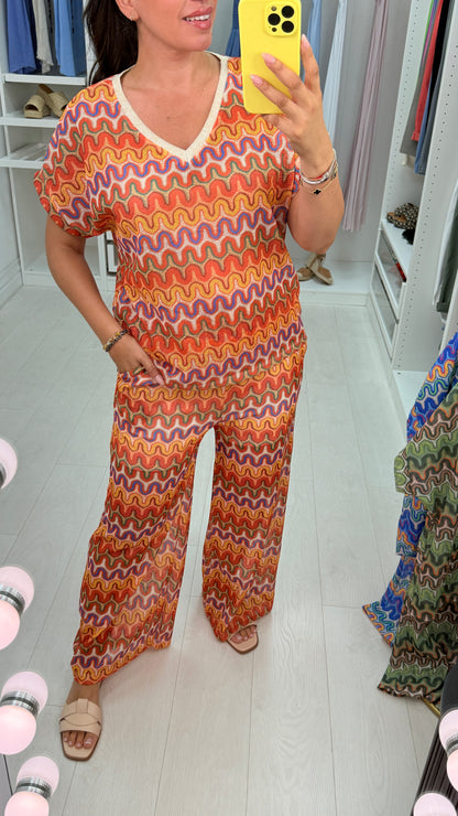 Annalise Abstract Print  V Neck Waffle Co-Ord Set