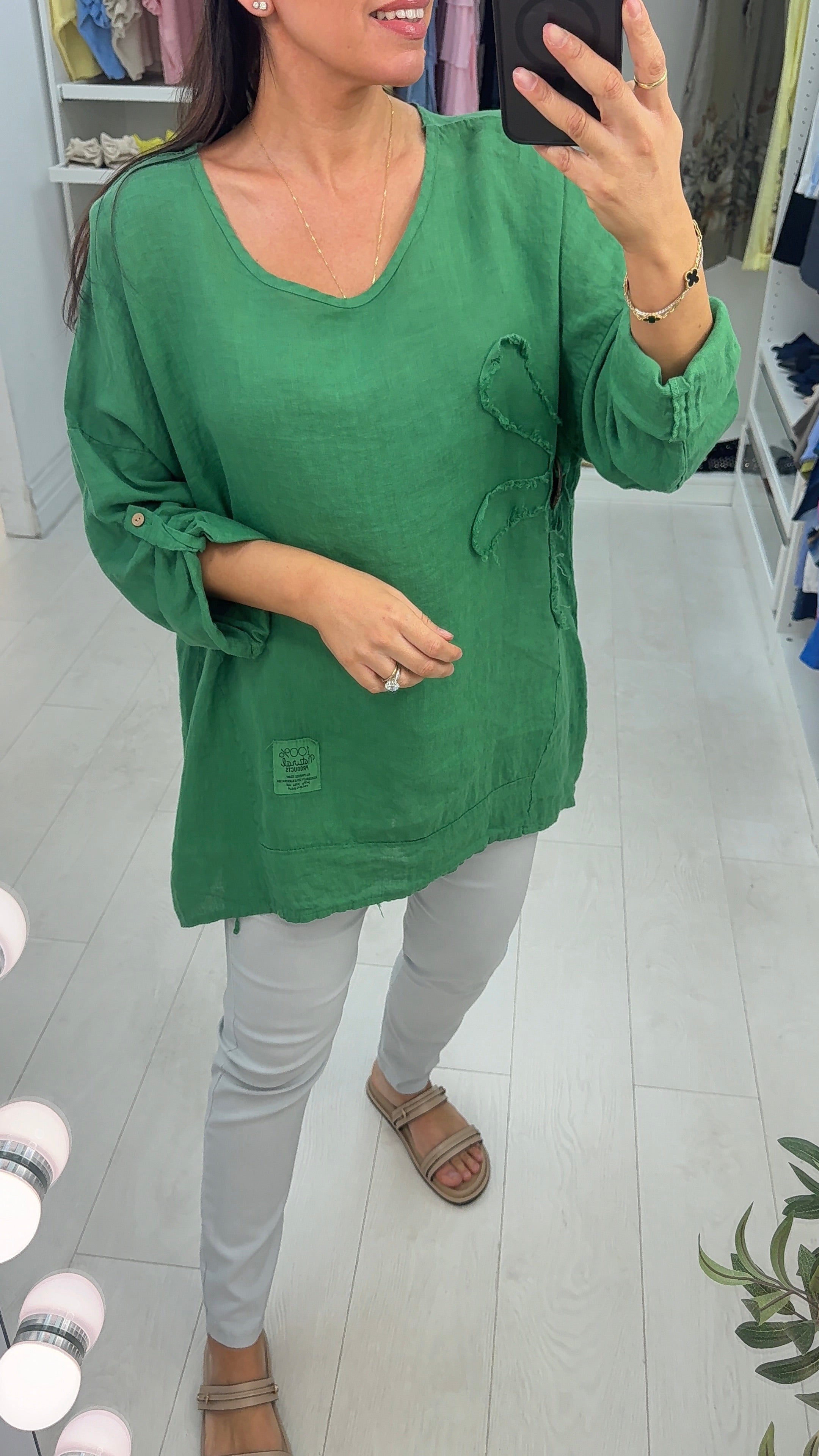 Elina Plain Flower Detail Oversized Linen Top