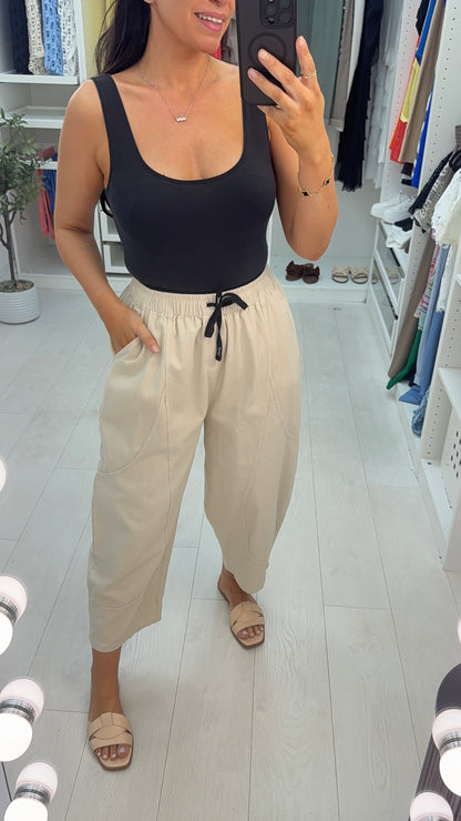 Belle Elasticated Waist Cropped Barrel Leg Trousers