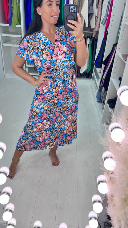 Bellissi Blue Wrap Effect Bold Floral Dress