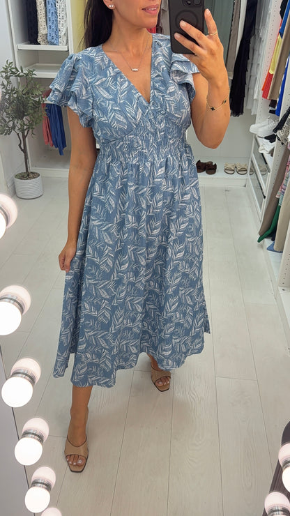 Blaire Leaf Print V Neck Floaty Maxi Dress