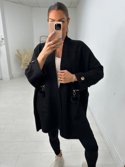 Selah Pom Pom Detailed Pocket Knit Cardigan