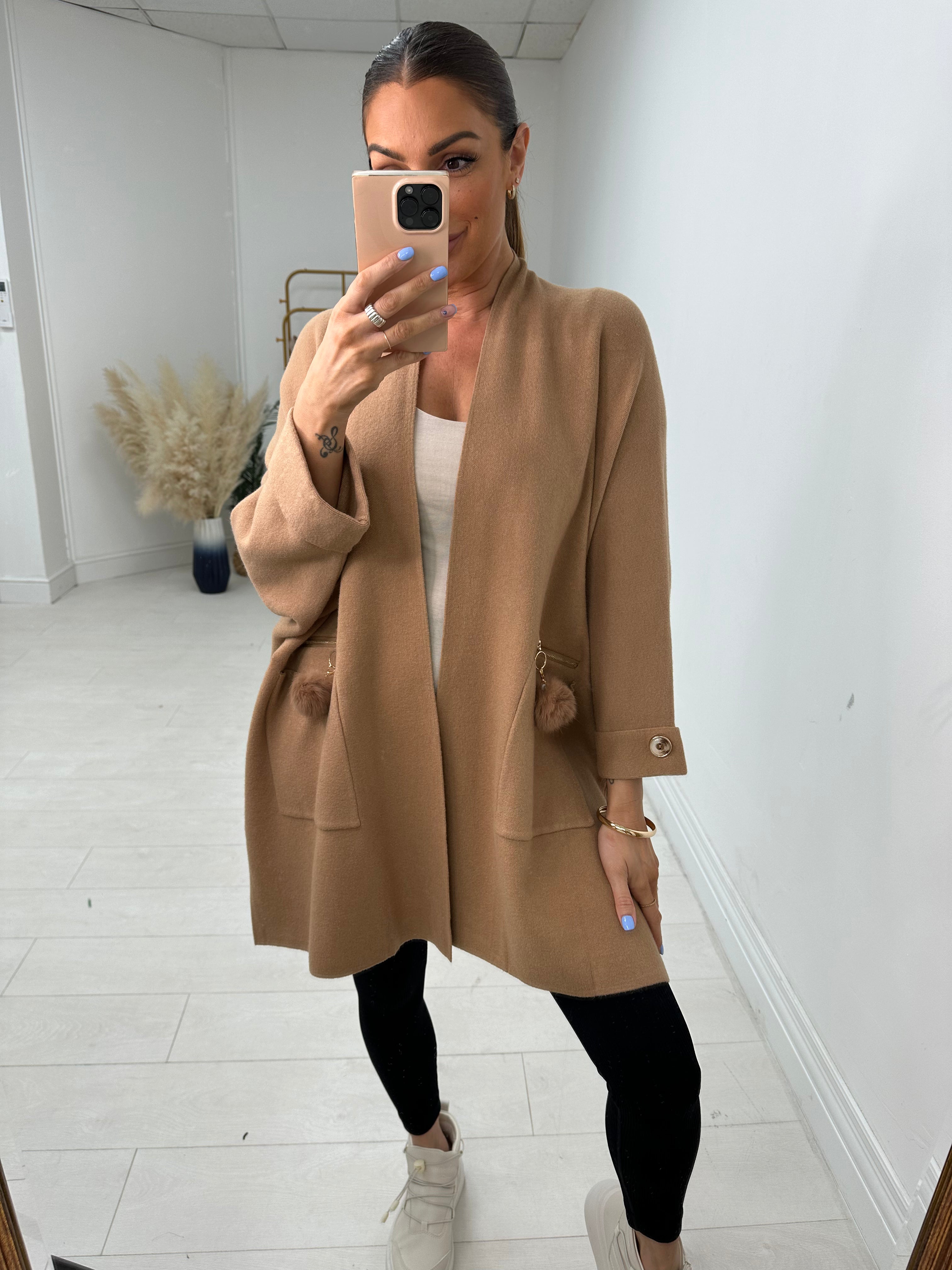 Selah Pom Pom Detailed Pocket Knit Cardigan