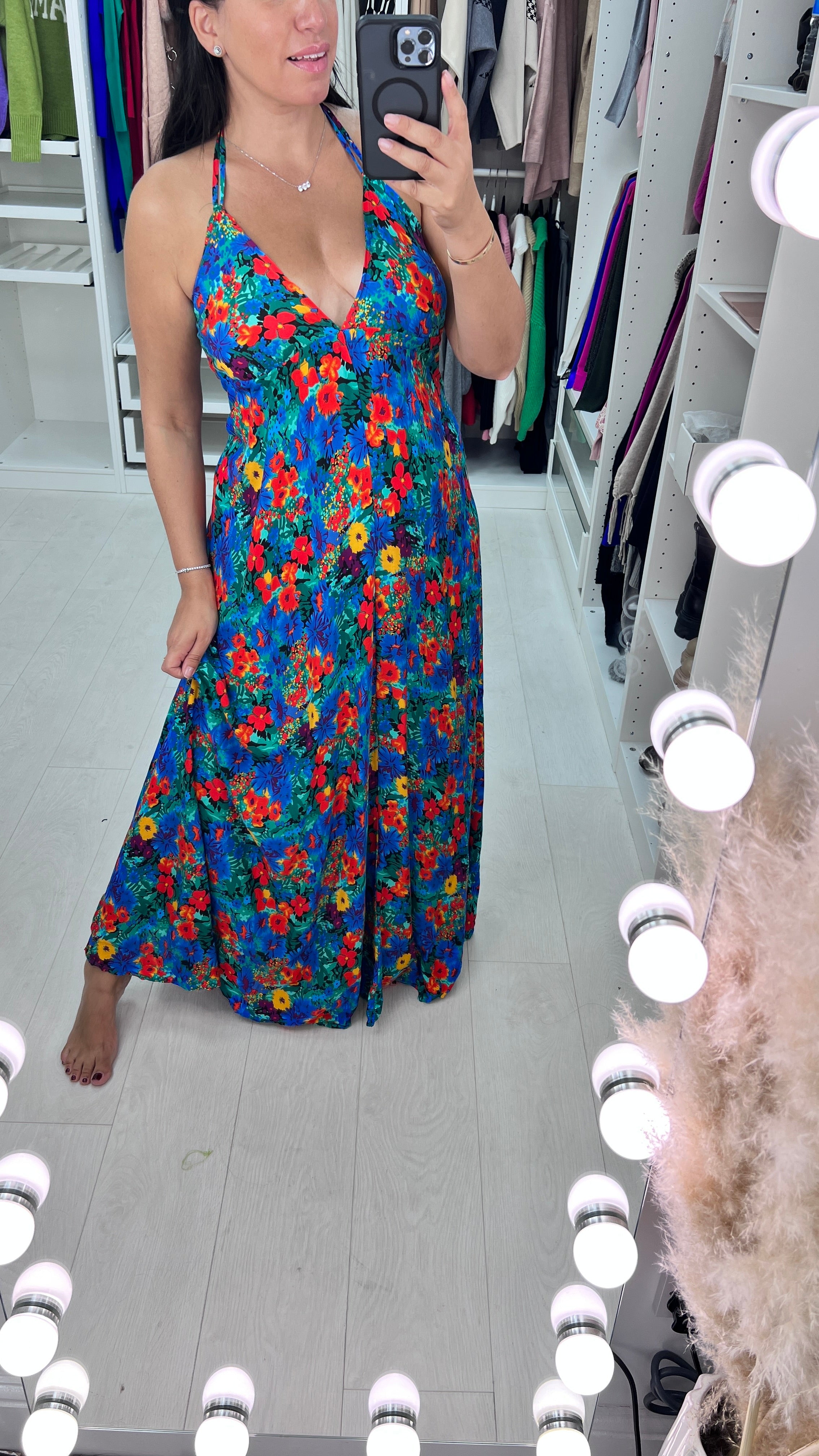 Suranne Royal Blue Deep V Back Floral Maxi Dress