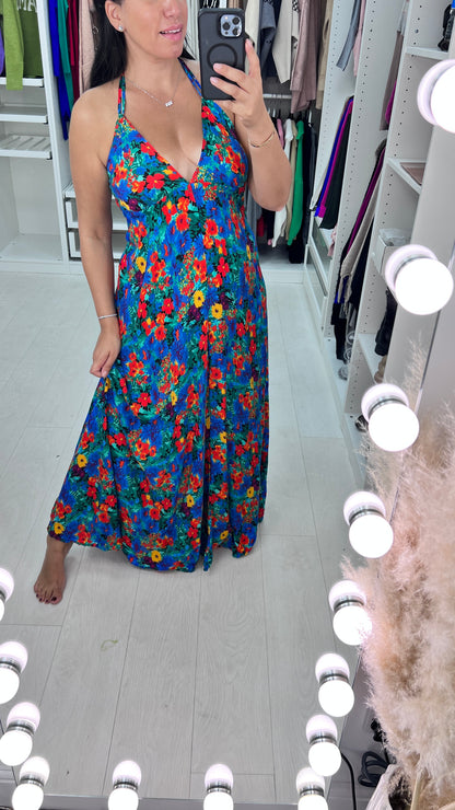 Suranne Royal Blue Deep V Back Floral Maxi Dress