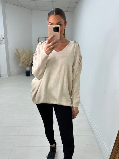 Primrose Gem Bow Detailed Cold Shoulder Jumper