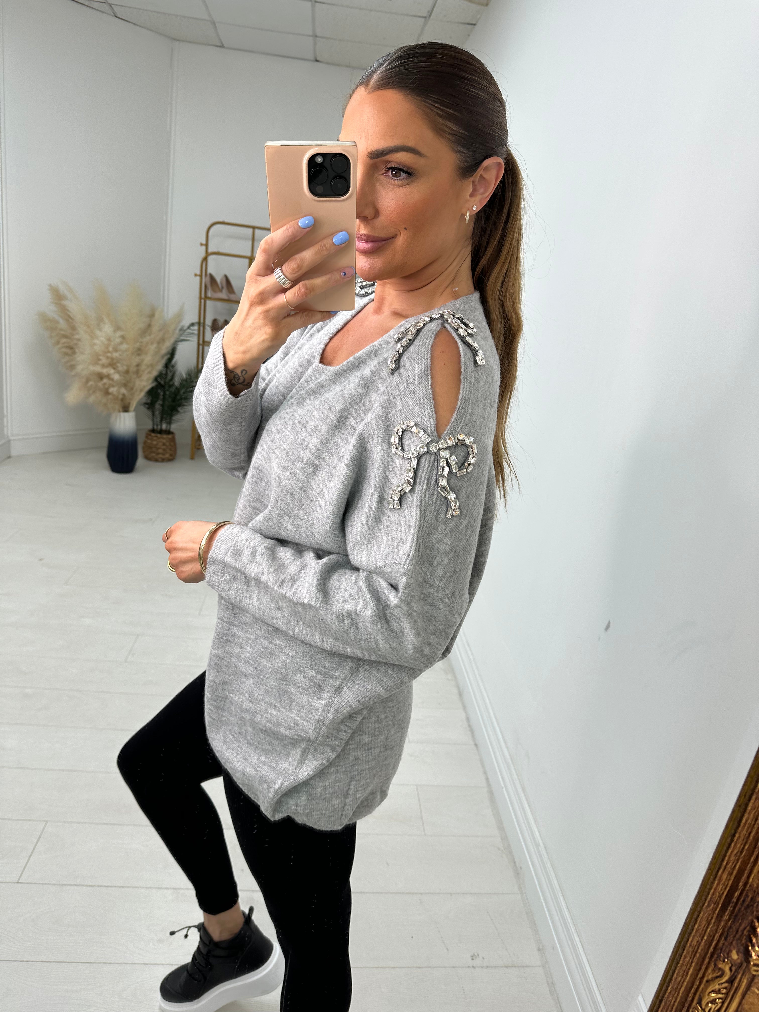 Primrose Gem Bow Detailed Cold Shoulder Jumper