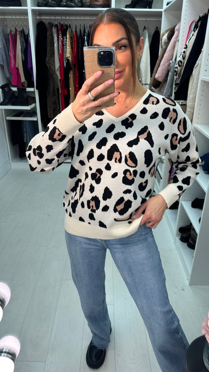 Hazel Leopard print V Neck Knit Jumper