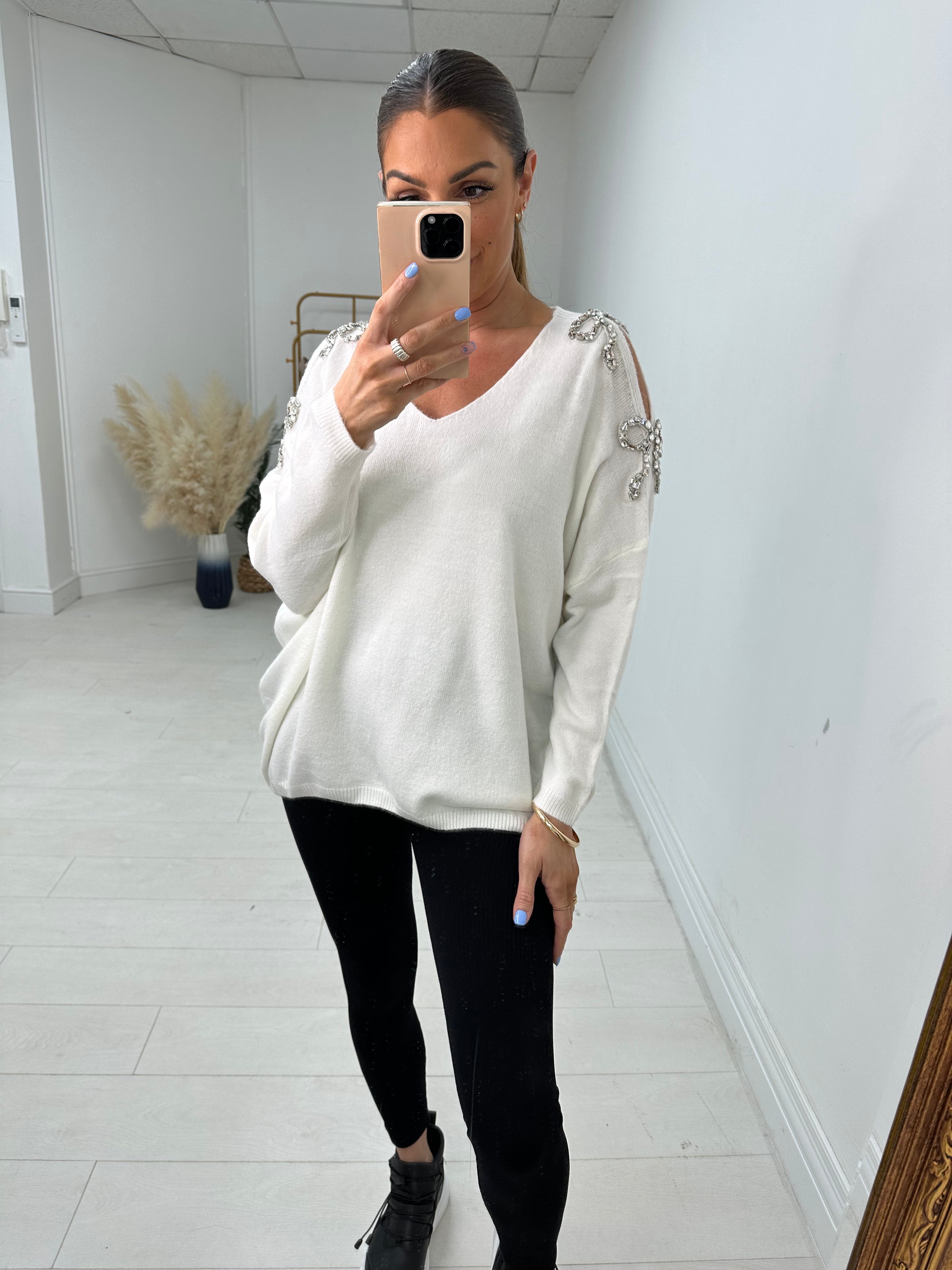 Primrose Gem Bow Detailed Cold Shoulder Jumper