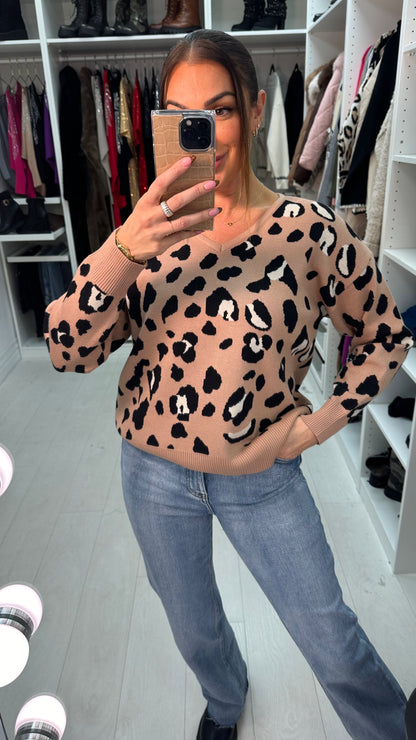 Hazel Leopard print V Neck Knit Jumper
