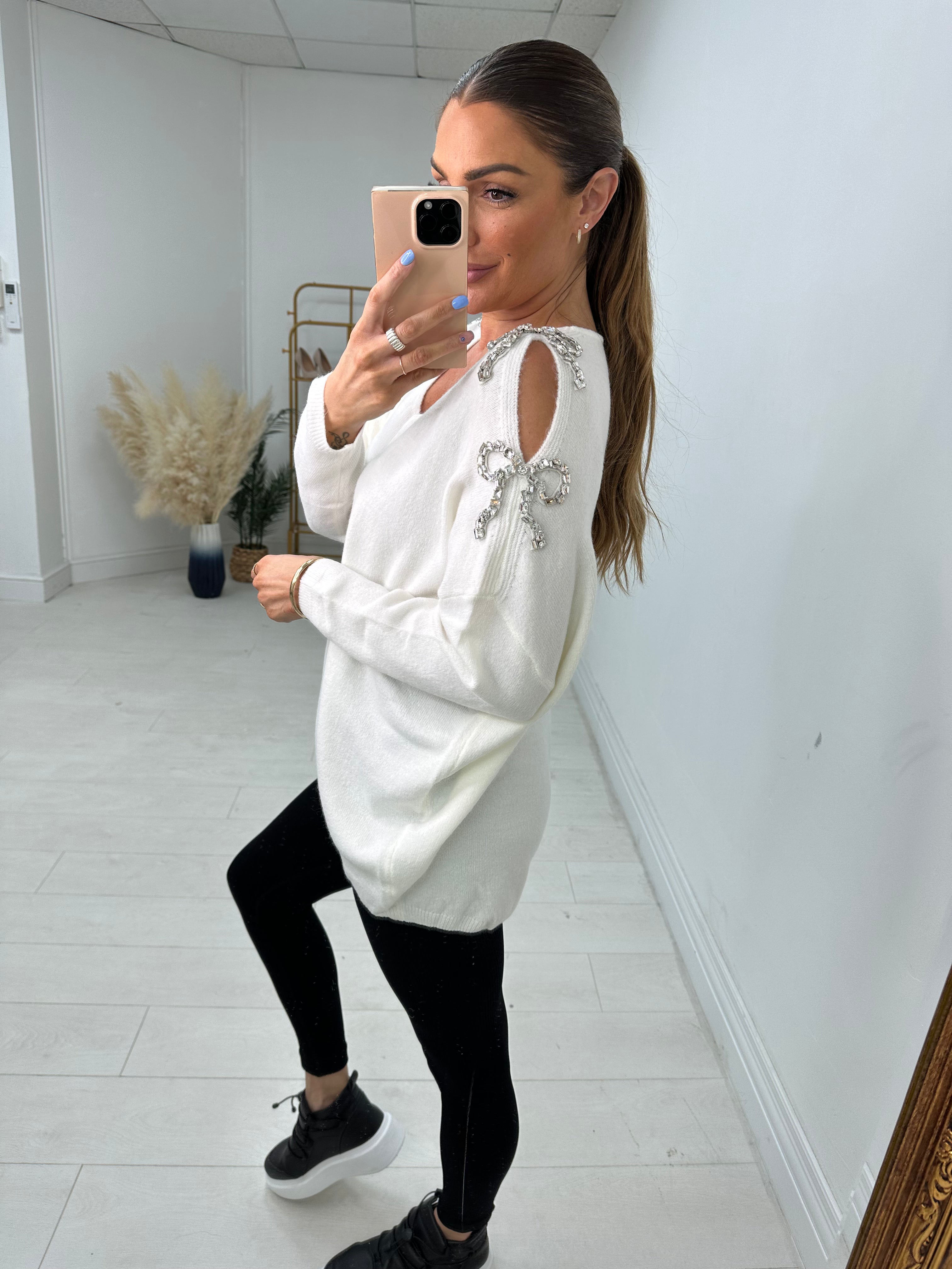 Primrose Gem Bow Detailed Cold Shoulder Jumper