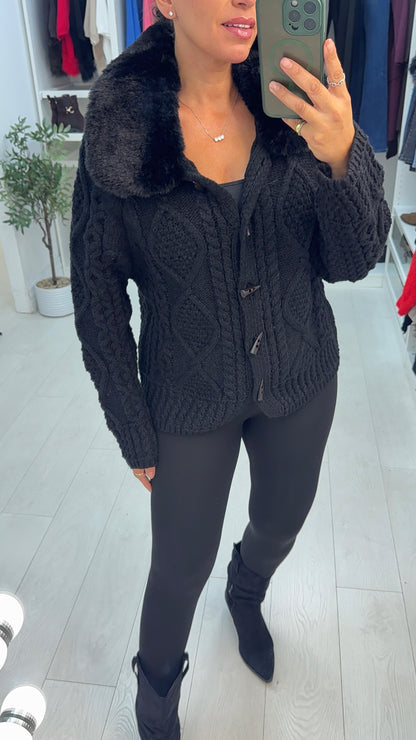 Taya Faux Fur Collar Cable Knit Cardigan