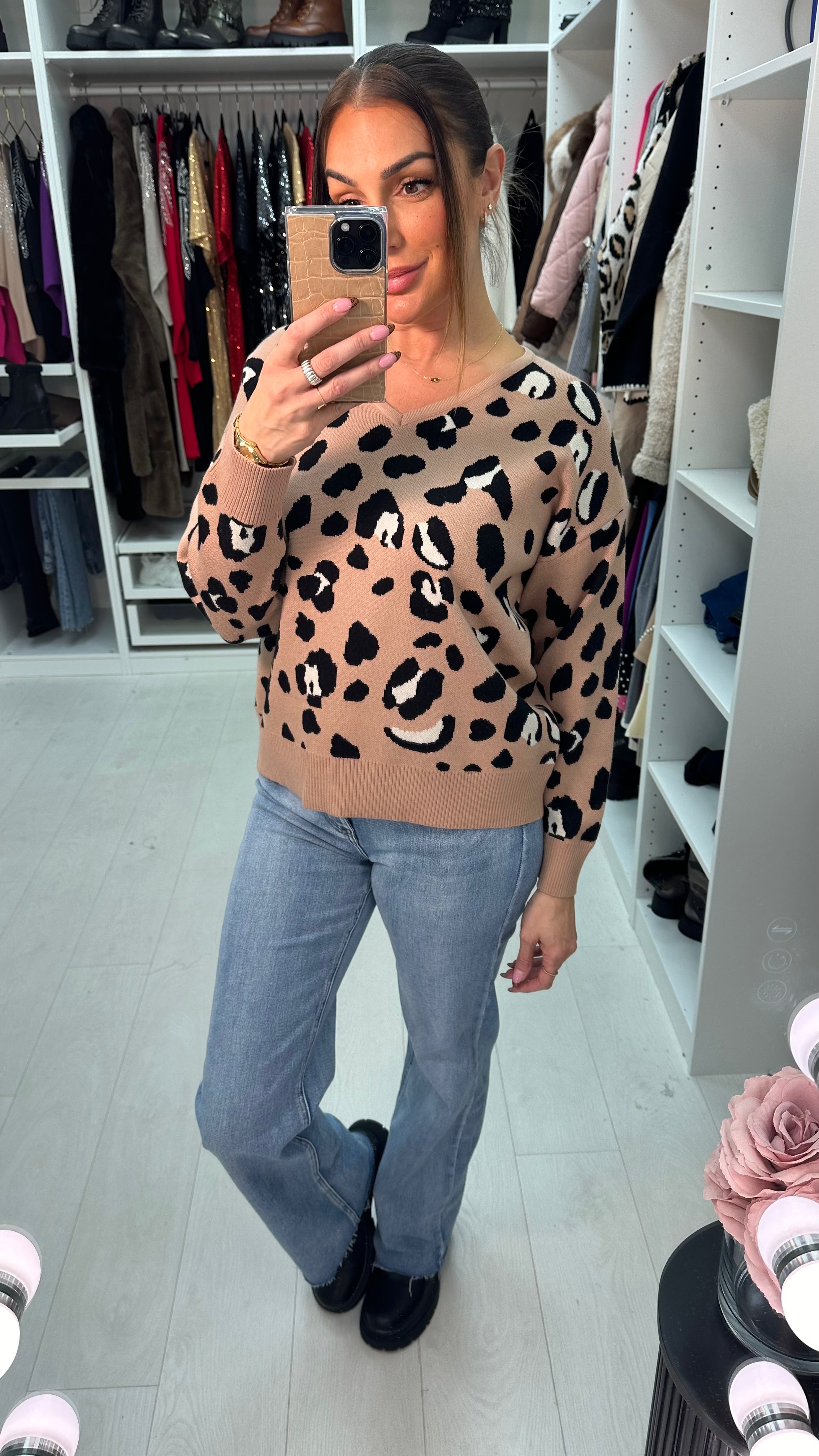 Hazel Leopard print V Neck Knit Jumper