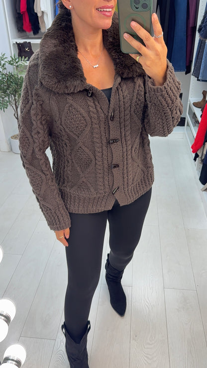Taya Faux Fur Collar Cable Knit Cardigan