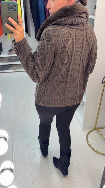 Taya Faux Fur Collar Cable Knit Cardigan