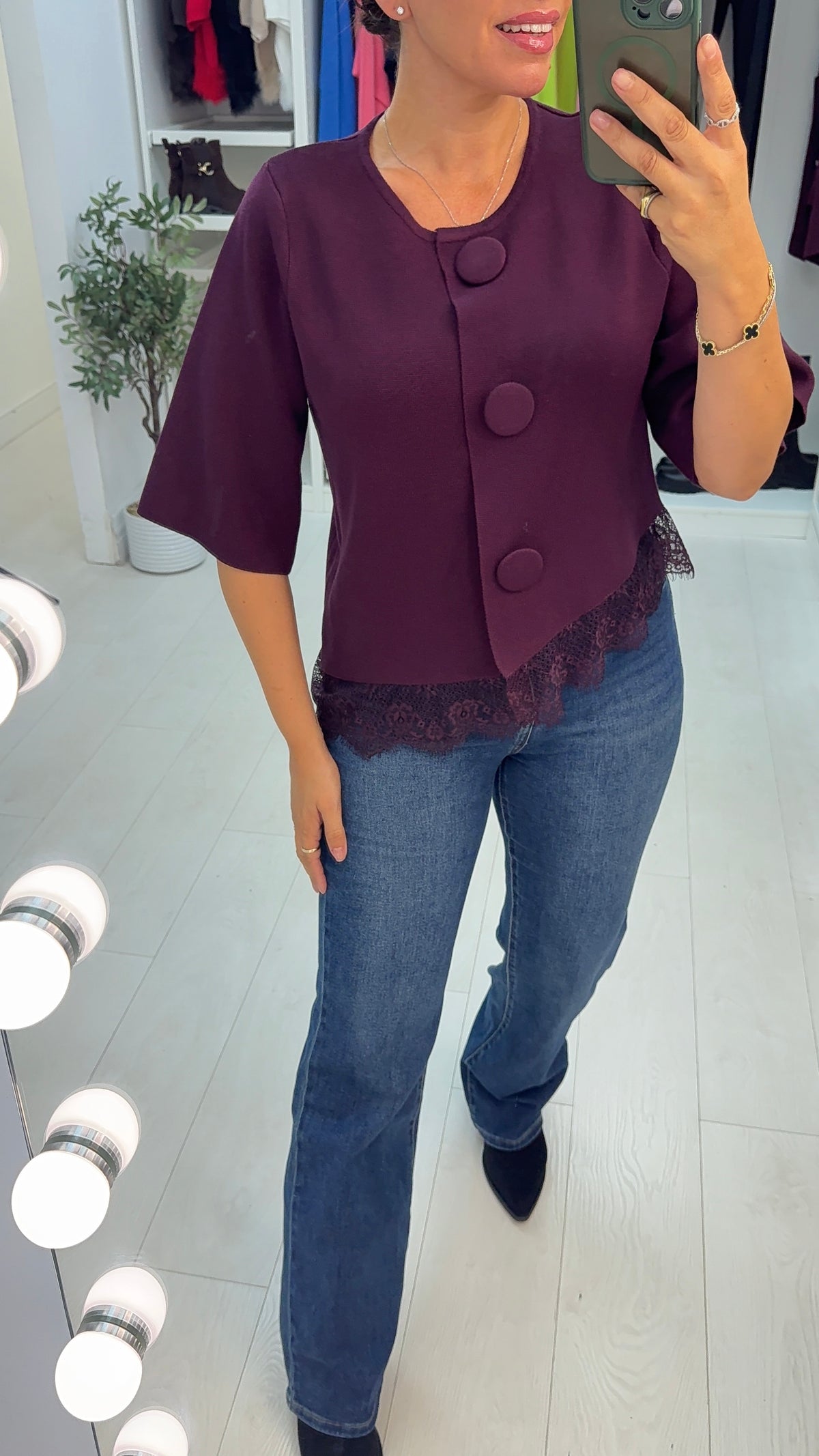 Farren Button Front Asymmetric Lace Hem Top