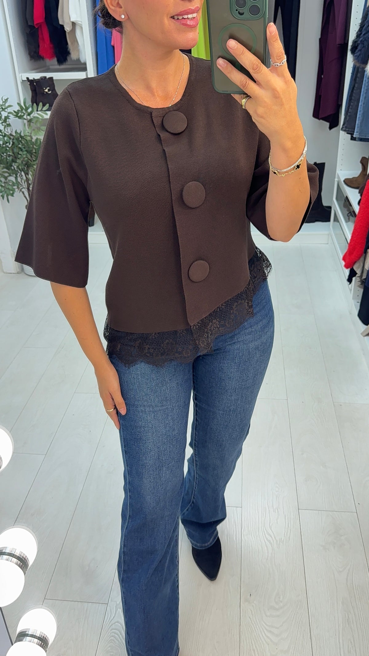 Farren Button Front Asymmetric Lace Hem Top