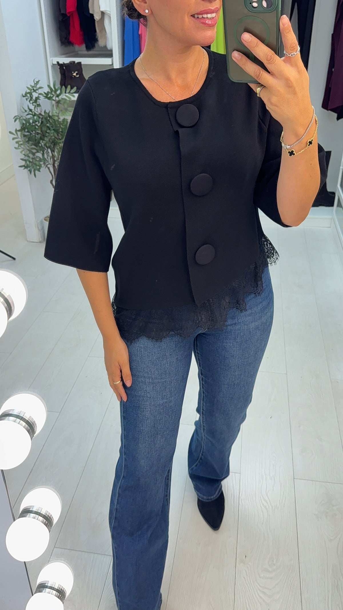 Farren Button Front Asymmetric Lace Hem Top