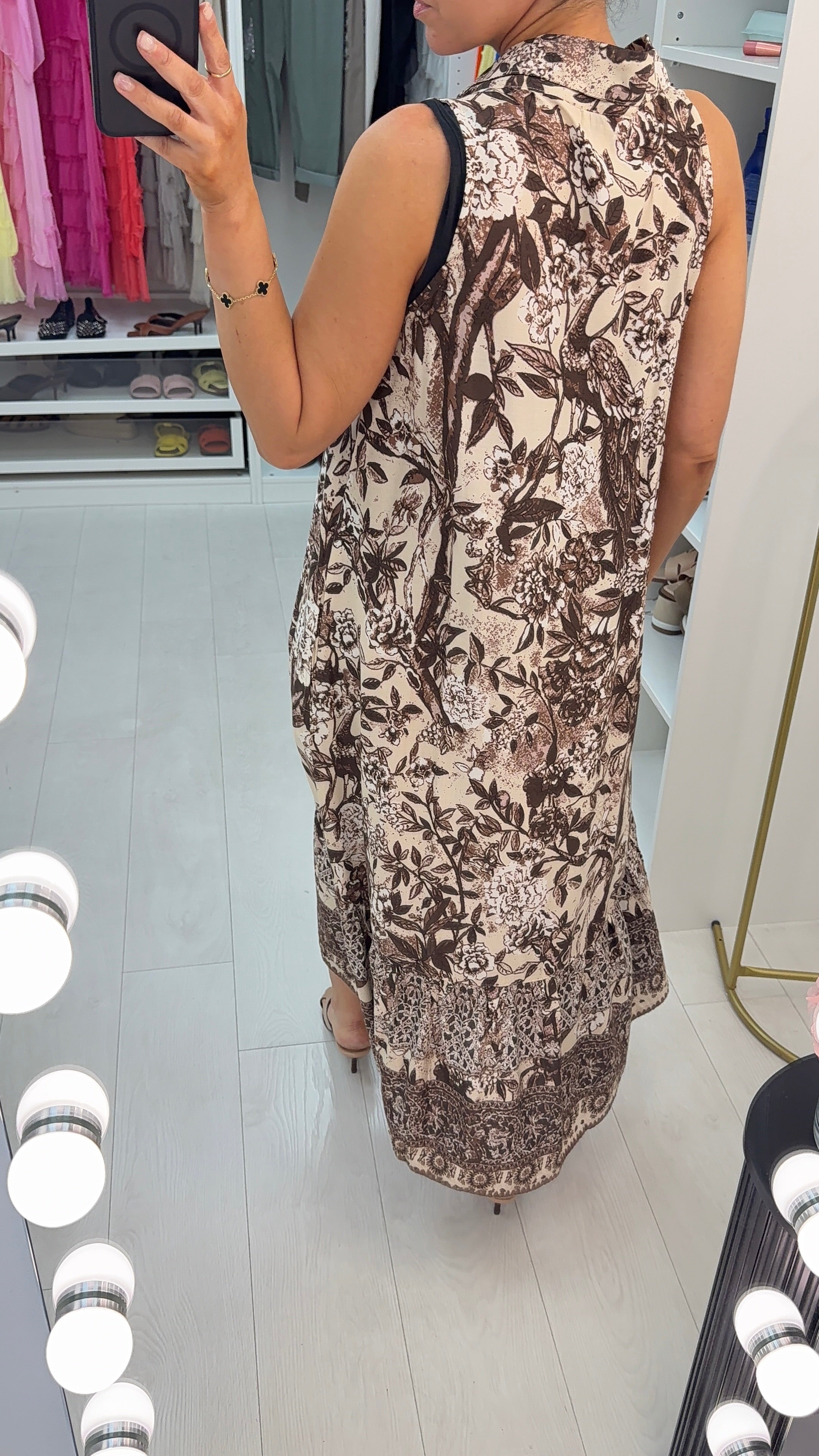 Emelie Leaf Print Sleeveless Maxi Shirt Dress