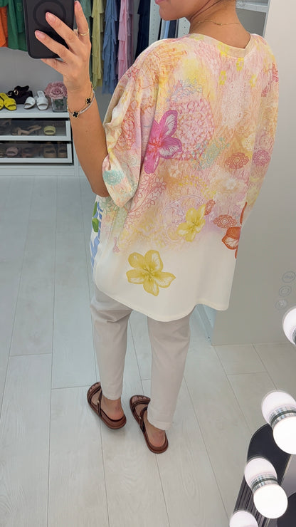 Camille Parrot Print Loose Fit V Neck Top