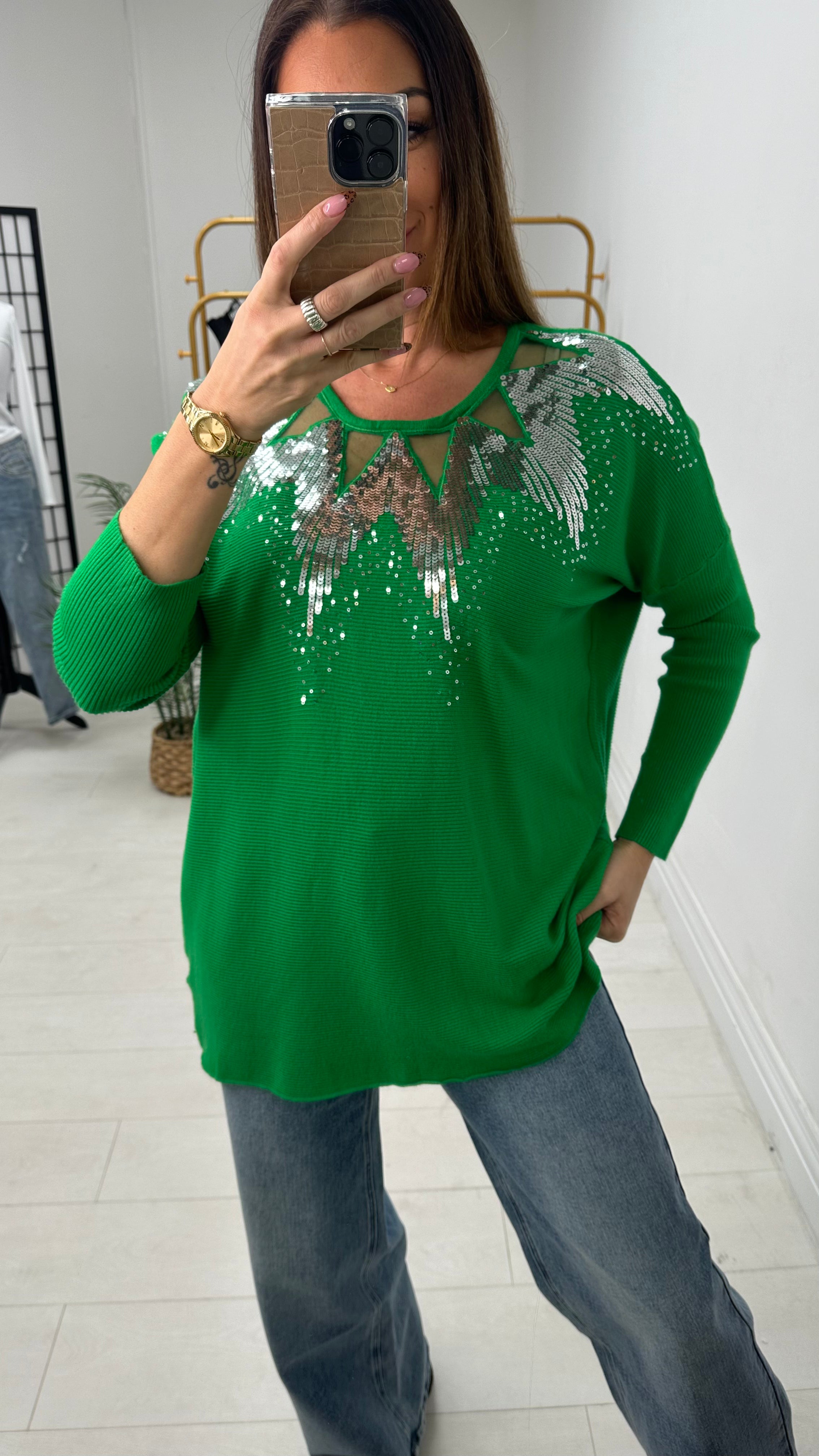 Mckenzie Sheer Panel Sequin Detail Knit Jumper