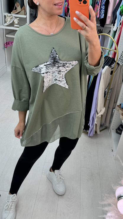 Malin Asymmetric Chiffon Sequin Star Sweatshirt