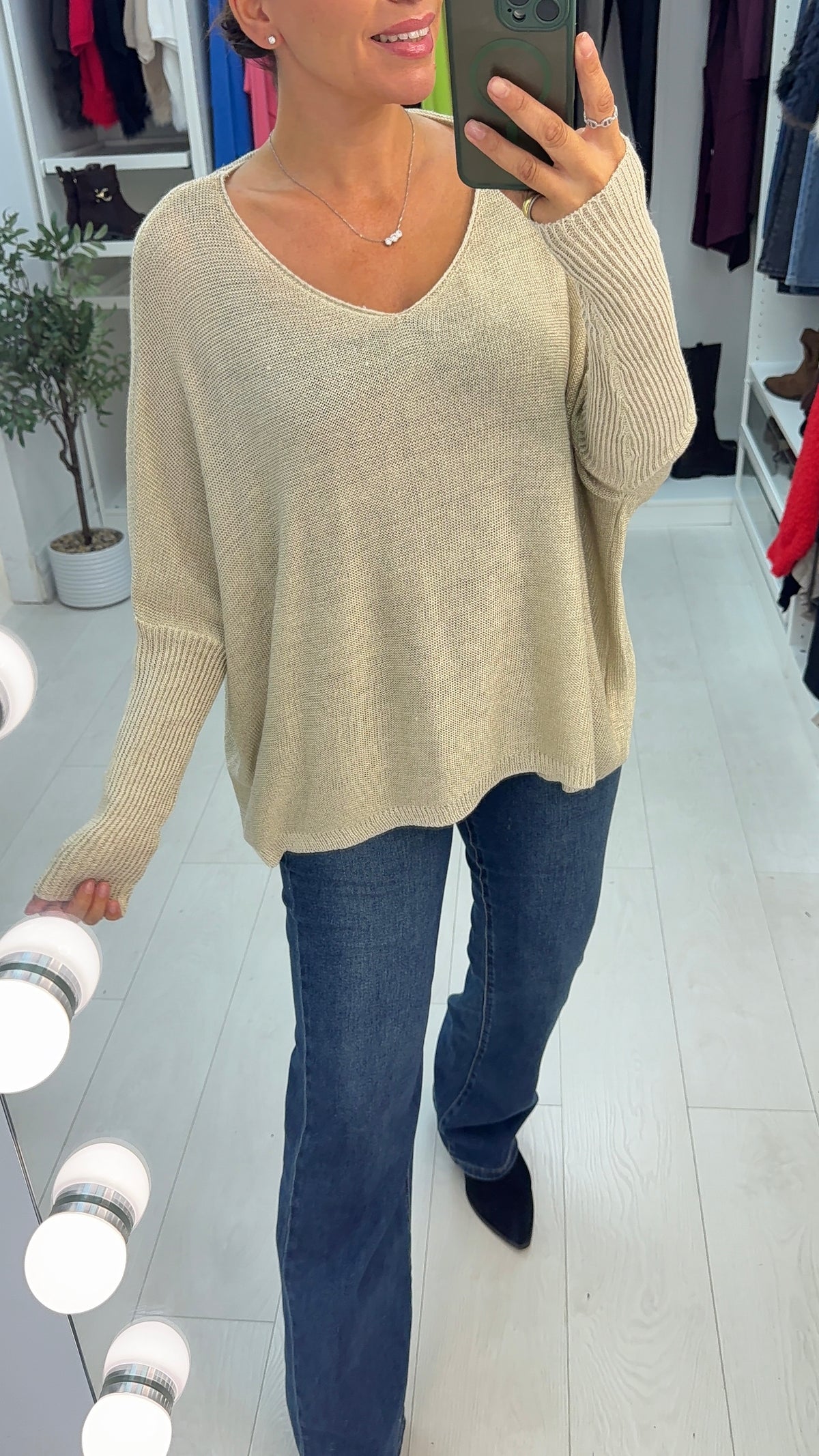 Yuliana Plain V Neck Metallic Knit Top