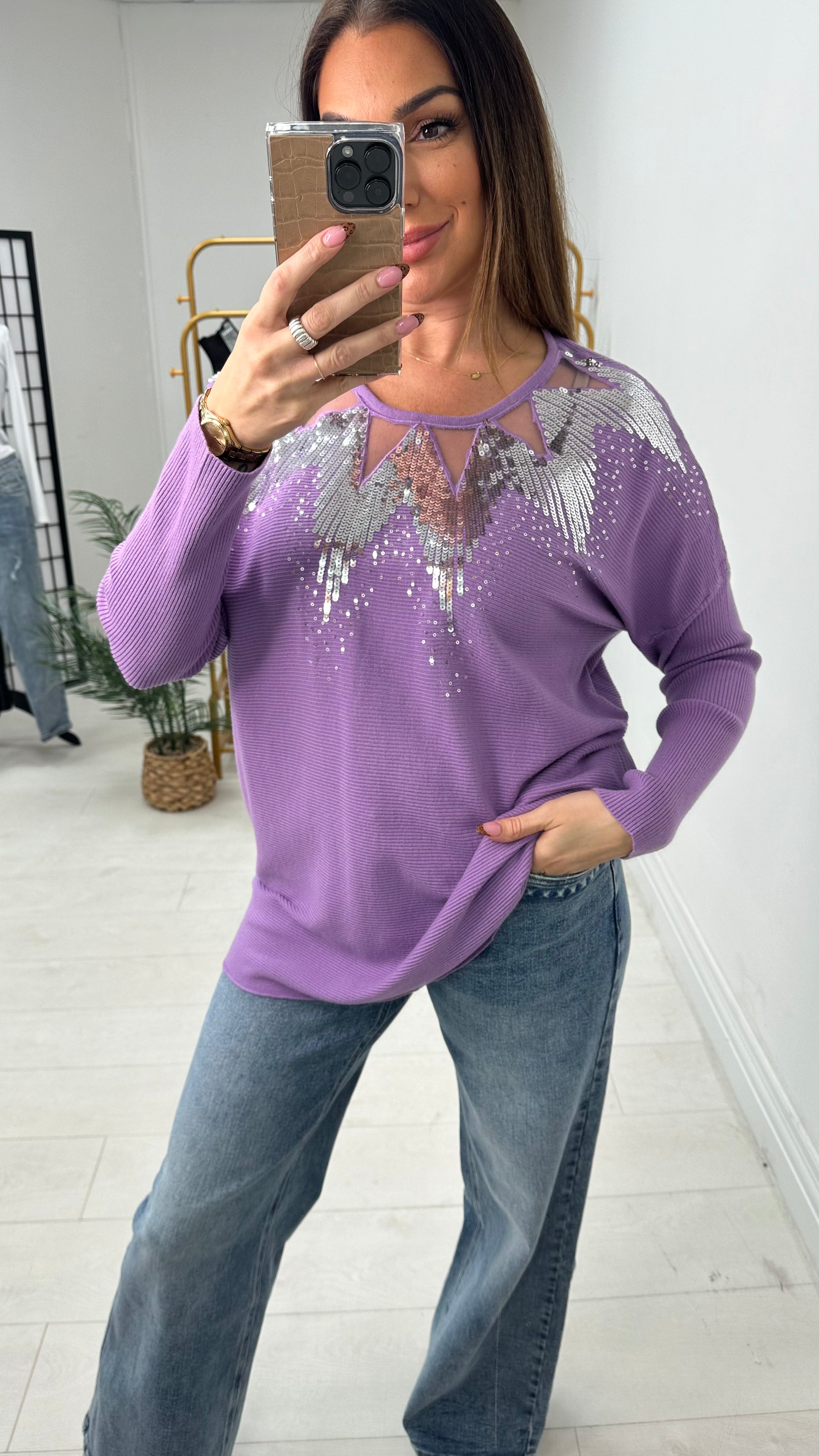 Mckenzie Sheer Panel Sequin Detail Knit Jumper