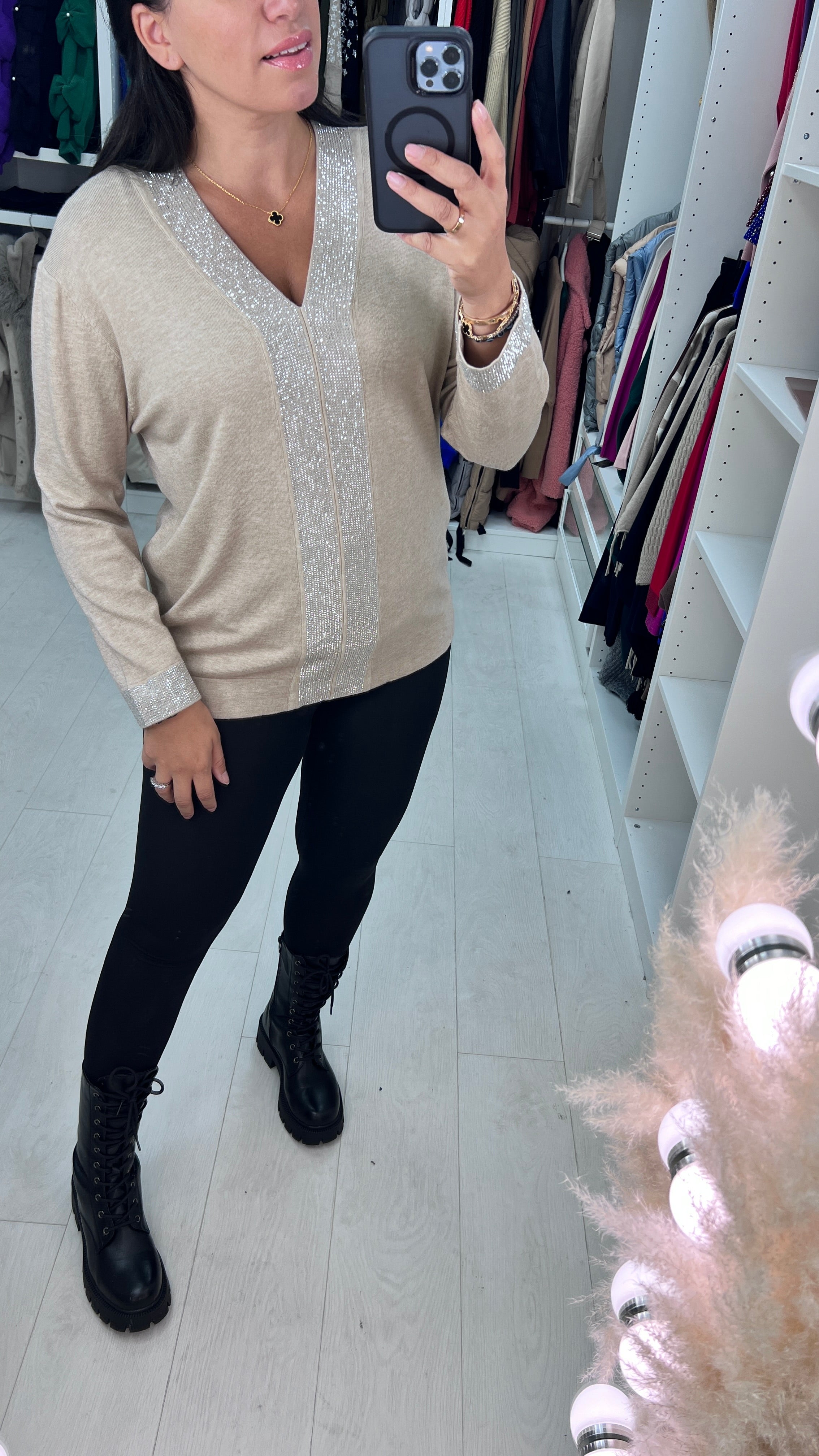 Zoe Gem Panel Front V Neck Jumper